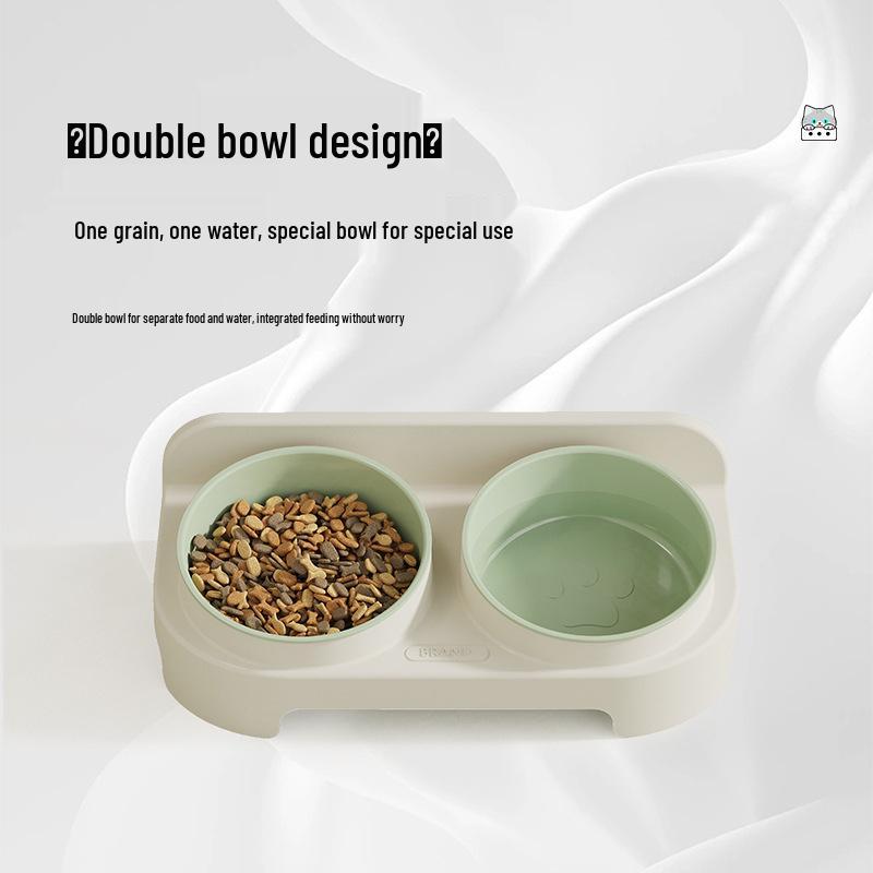 Eco-friendly Double Cat Bowl with Slanted Design - Protects Cervical Spine and Prevents Overturning, Suitable for Food and Water.