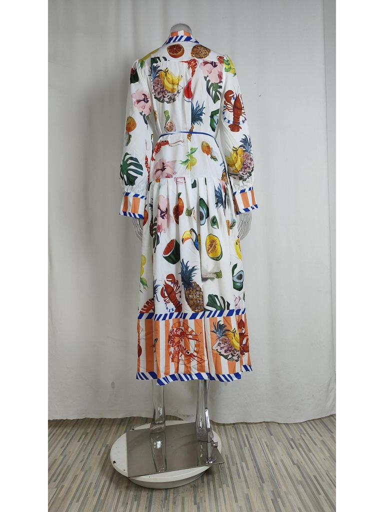 2025 European & American Women's Lantern Sleeve Print Turn-Down Collar Waist-Gathering Long Swing Spring Dress