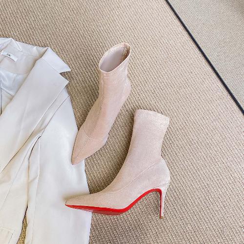 Women Pointed Toe High Heel Boots Autumn Winter Elastic Sock Mid Calf Slimming Ankle Boots Black