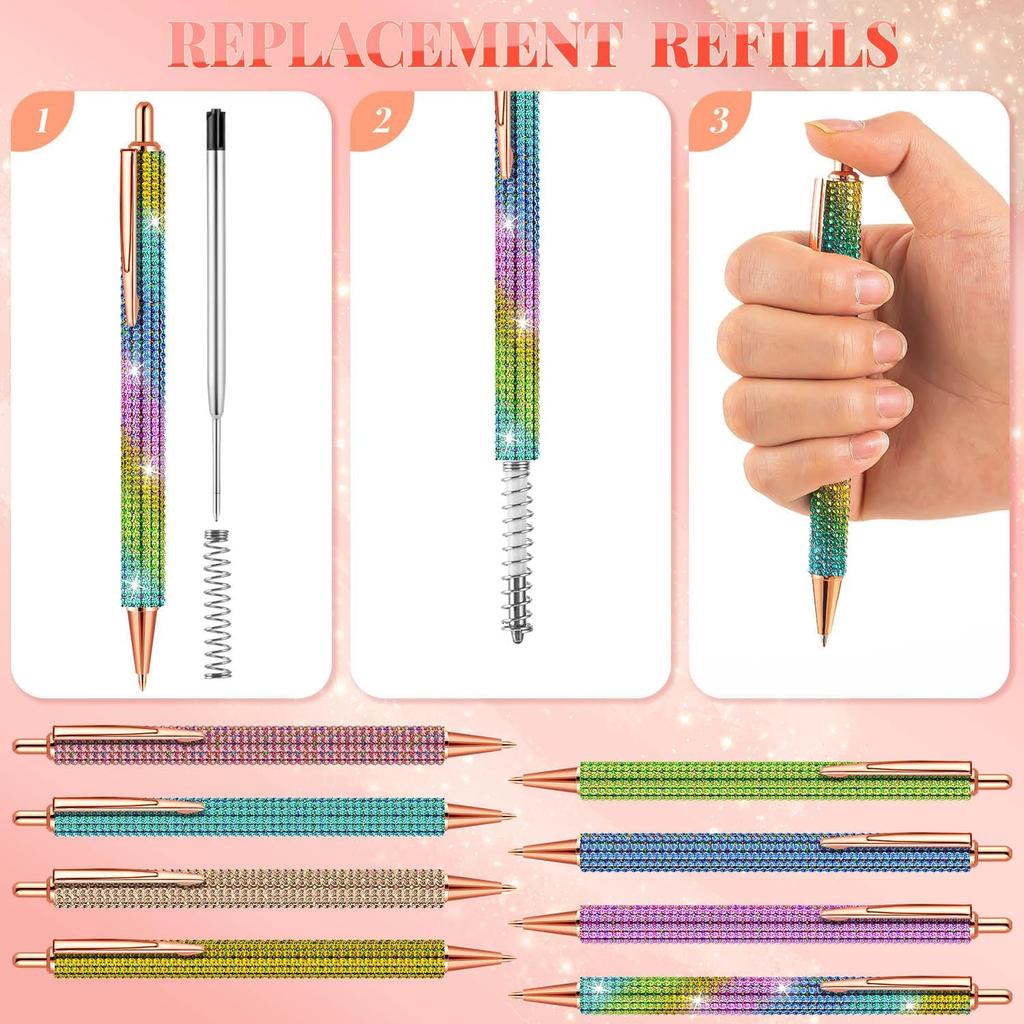 Bling Pens for Women, 4Pcs Colorful Rhinestone Pen and 8Pcs Black Ink Retractable Refills for Girl (0.7mm)