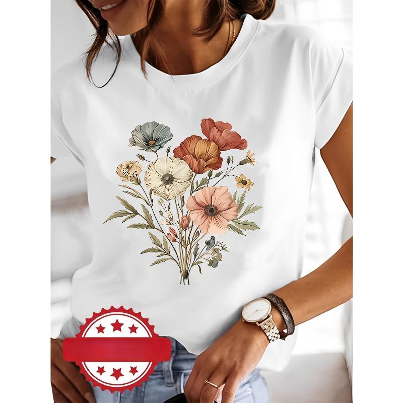 European Size Women's Short Sleeve T-Shirt with Artistic Floral Graphic Print, Round Neck Casual Summer Top
