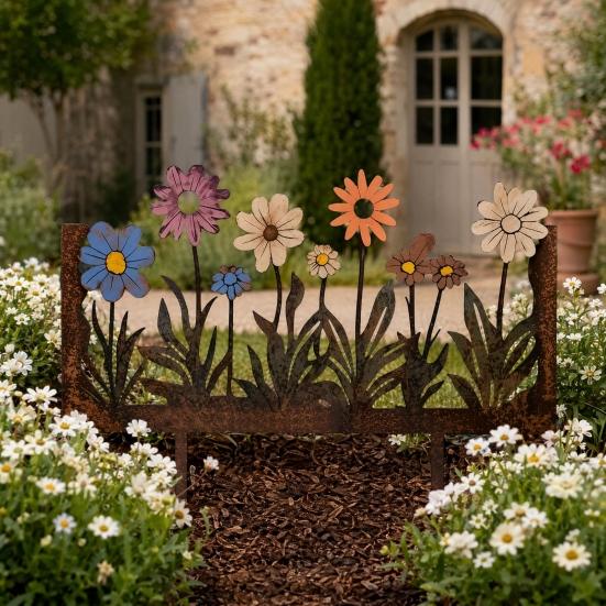 Rusty Flowers Garden Stake, Distressed Metal Flower Yard Art Stake, Retro 2D Flowers Decoration for Yard Lawn Flower Bed