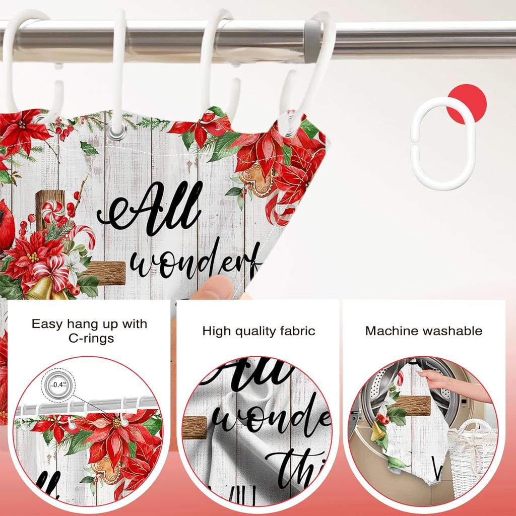 Cortina de Chuveiro de Natal Crucifixo de Natal Pássaros Cardeais Flor de Natal Cortina de Chuveiro Floral Para Decoração de Banheiro de Natal Pássaros Vermelhos