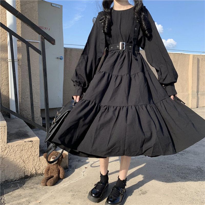 Japanese Sweet Lolita Dress Long-Sleeve Plus-Size High-Waisted Black Midi Dress Tummy-Control Pleated Swing A-line Skirt