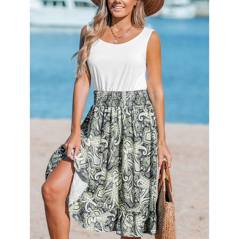 

YYFS женская мода лето весна цветочный узор принт без рукавов с круглым вырезом и высокой талией повседневные платья XXL