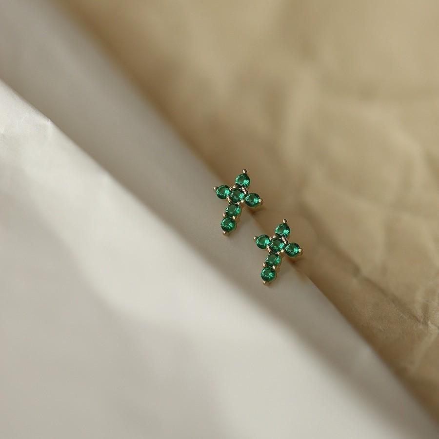 

925 Sterling Silver Electroplated 14K Gold Green Zircon Cross Earrings for Women French Retro Temperament Ear Accessories Gold