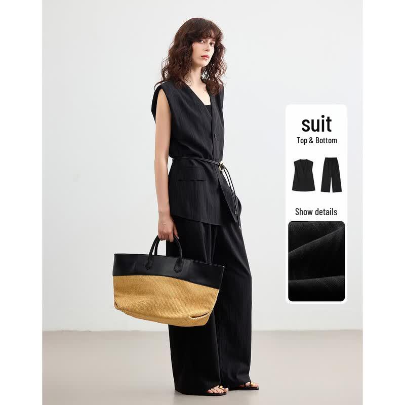 

Women s V-Neck Textured Commuter Top & Pants Set M