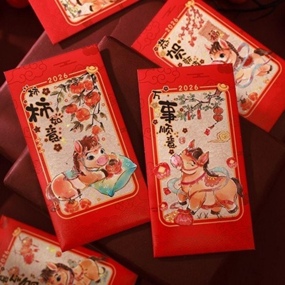 6Pcs Paper 2026 Horse Year Red Envelope Traditional Cartoon Chinese New Year Envelope Lucky Bless Words Lucky Money Bag
