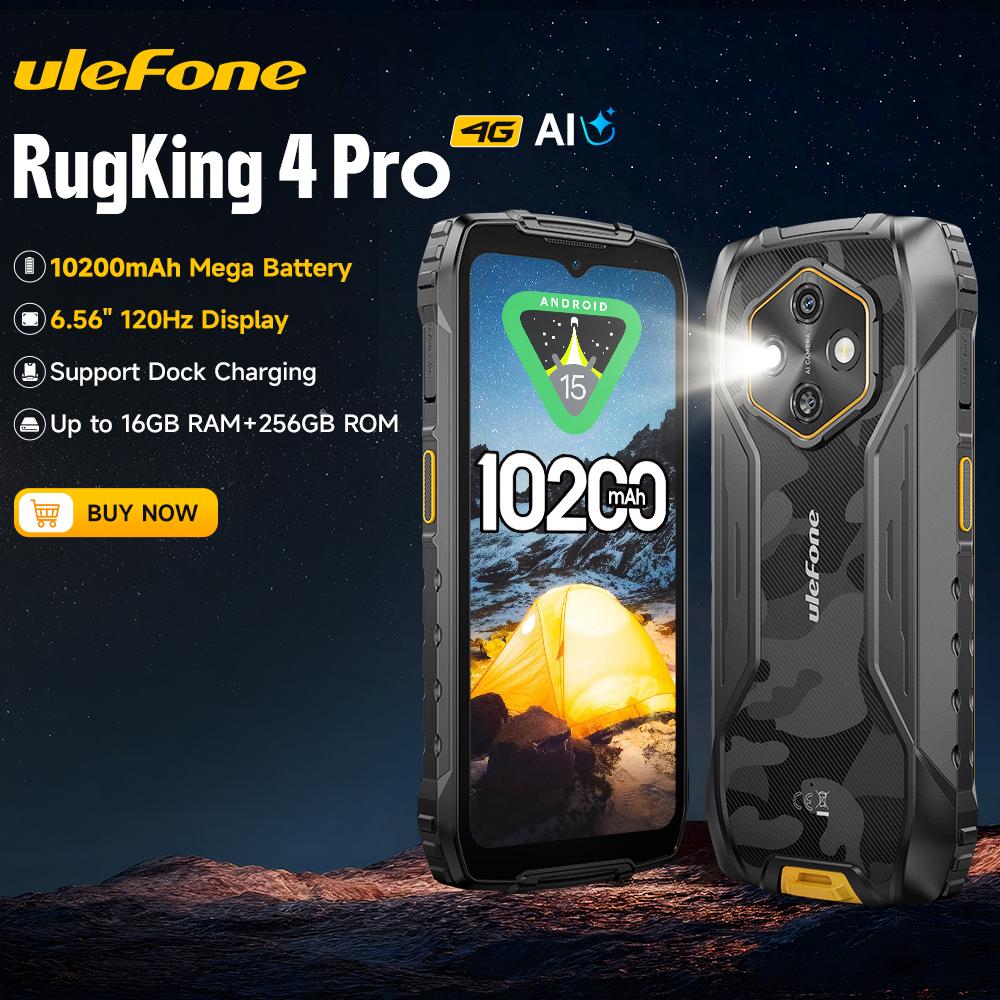 Ulefone RugKing 4 Pro 6.56" 120Hz Rugged Phone Android 15 Up to 16GB+256GB Waterproof 10200mAh 48MP Camera NFC Global Smartphone