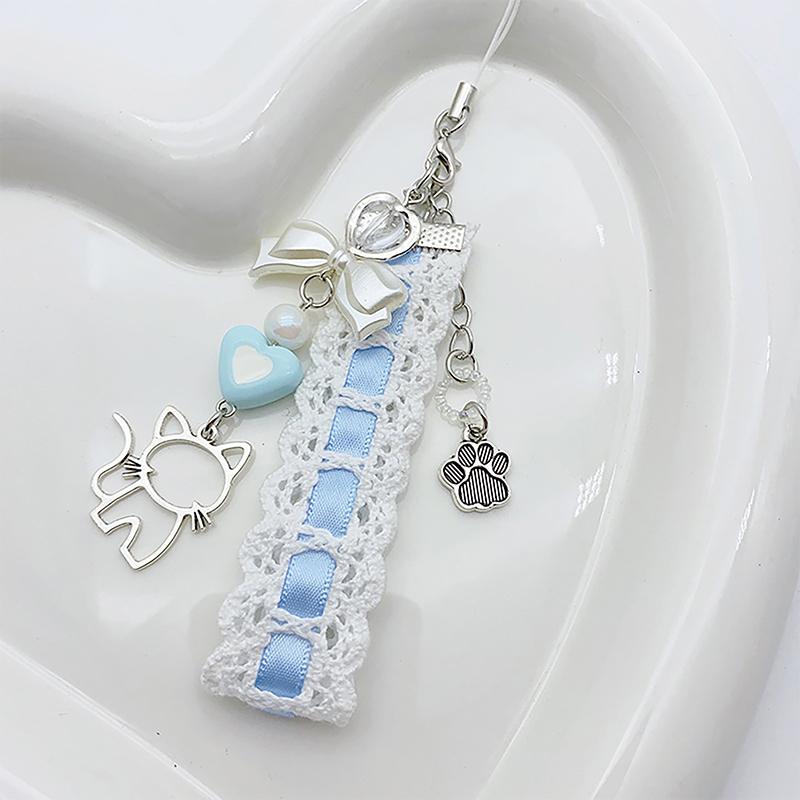 Sweet Lovely Lace Ribbon Cat Heart Pendant Keychain Phone Charm Lanyard Bag Decoration For Women Portable Hangings Lanyard Gifts