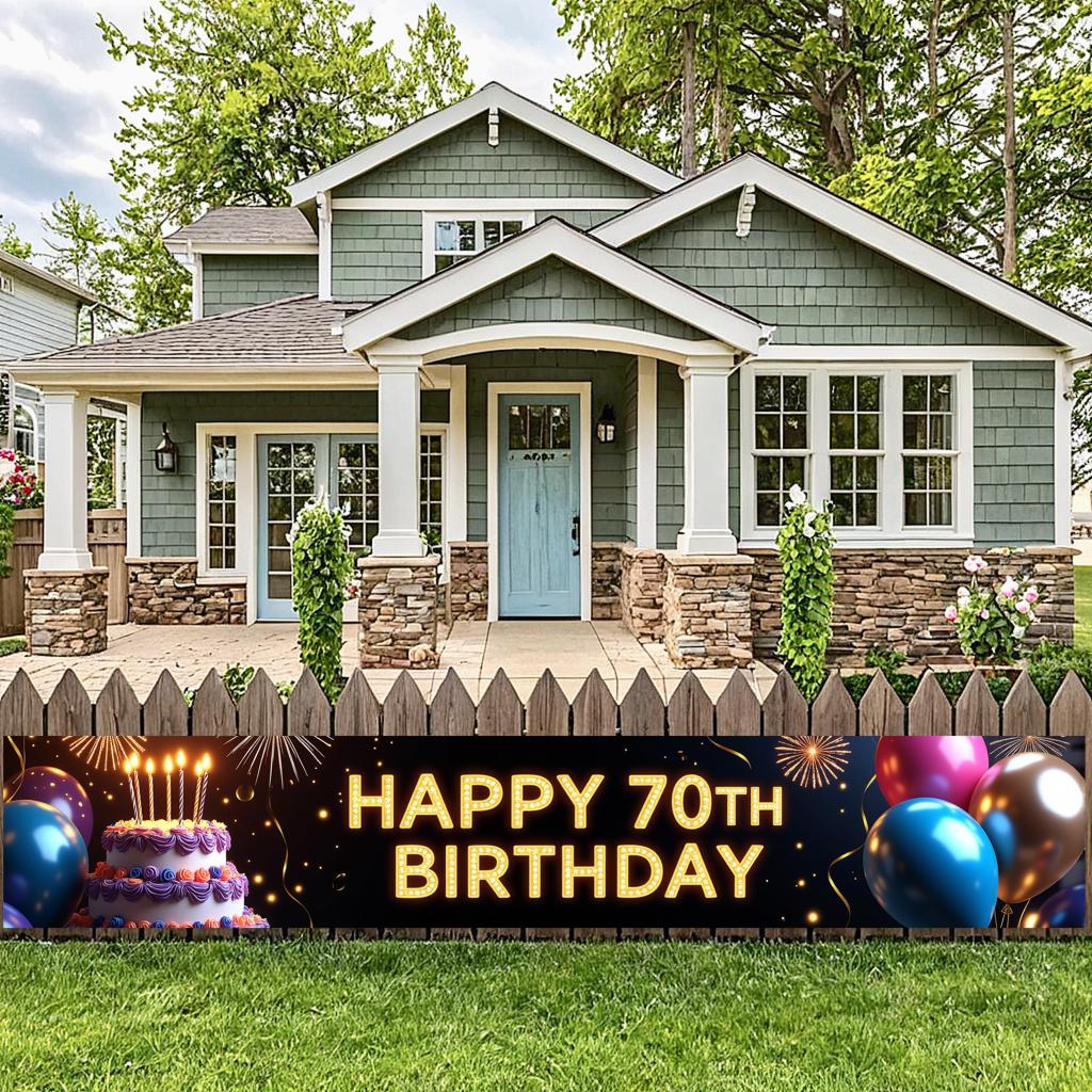 Happy 70th Birthday Banner Backdrop Black gold Birthday Party Decorations Photography Props Sparkle Balloon Background