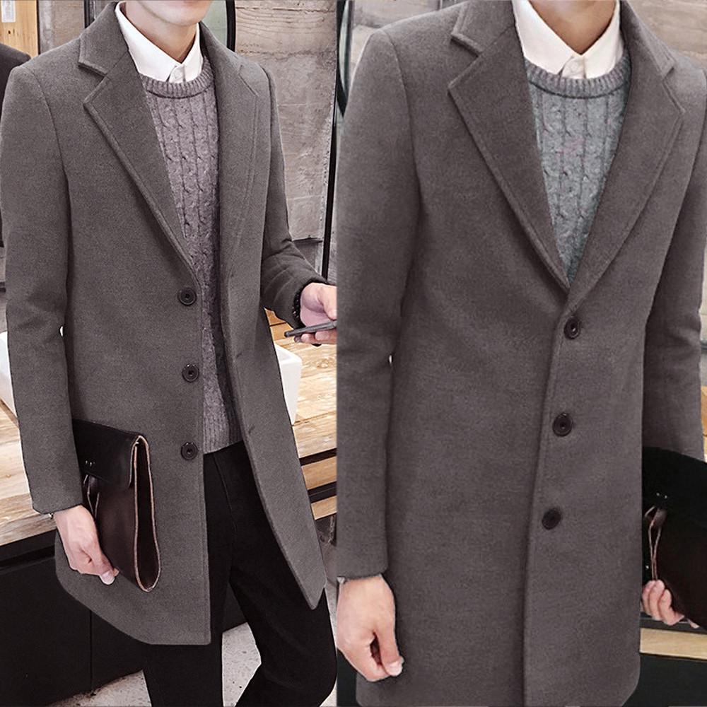 Men Formal Single Breasted Figuring Overcoat Long Wool Jacket Outwear