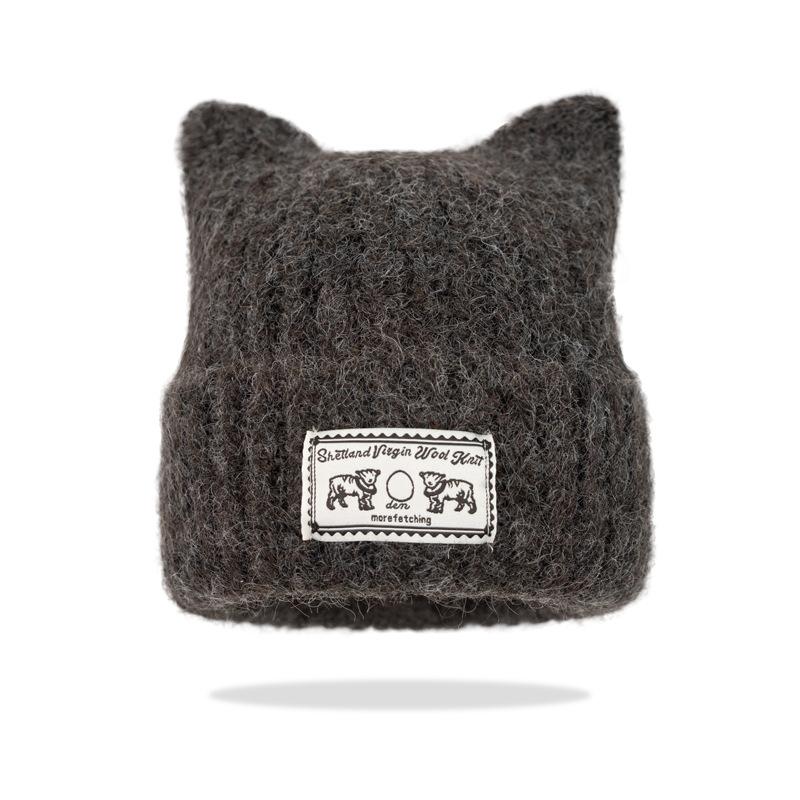New cute cat ear patch solid color knitted hat autumn and winter face small wool hat warm ear protector pullover hat cold hat