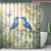 4Pcs 2D Flat Blue Birds And Butterflies Shower Curtain Set with Non-Slip Bath Mat, Toilet Lid Cover, Contour Rug & 12 Hooks, Bathroom Decor