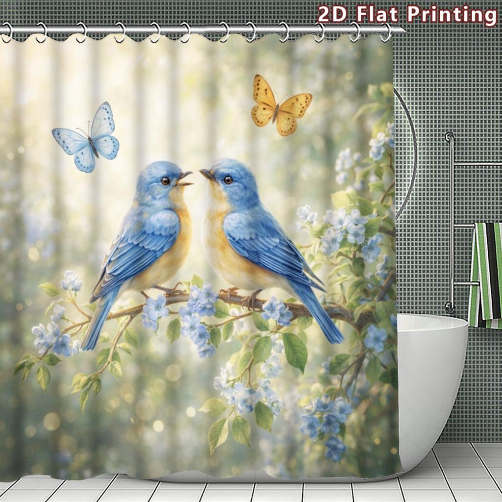 4Pcs 2D Flat Blue Birds And Butterflies Shower Curtain Set with Non-Slip Bath Mat, Toilet Lid Cover, Contour Rug & 12 Hooks, Bathroom Decor