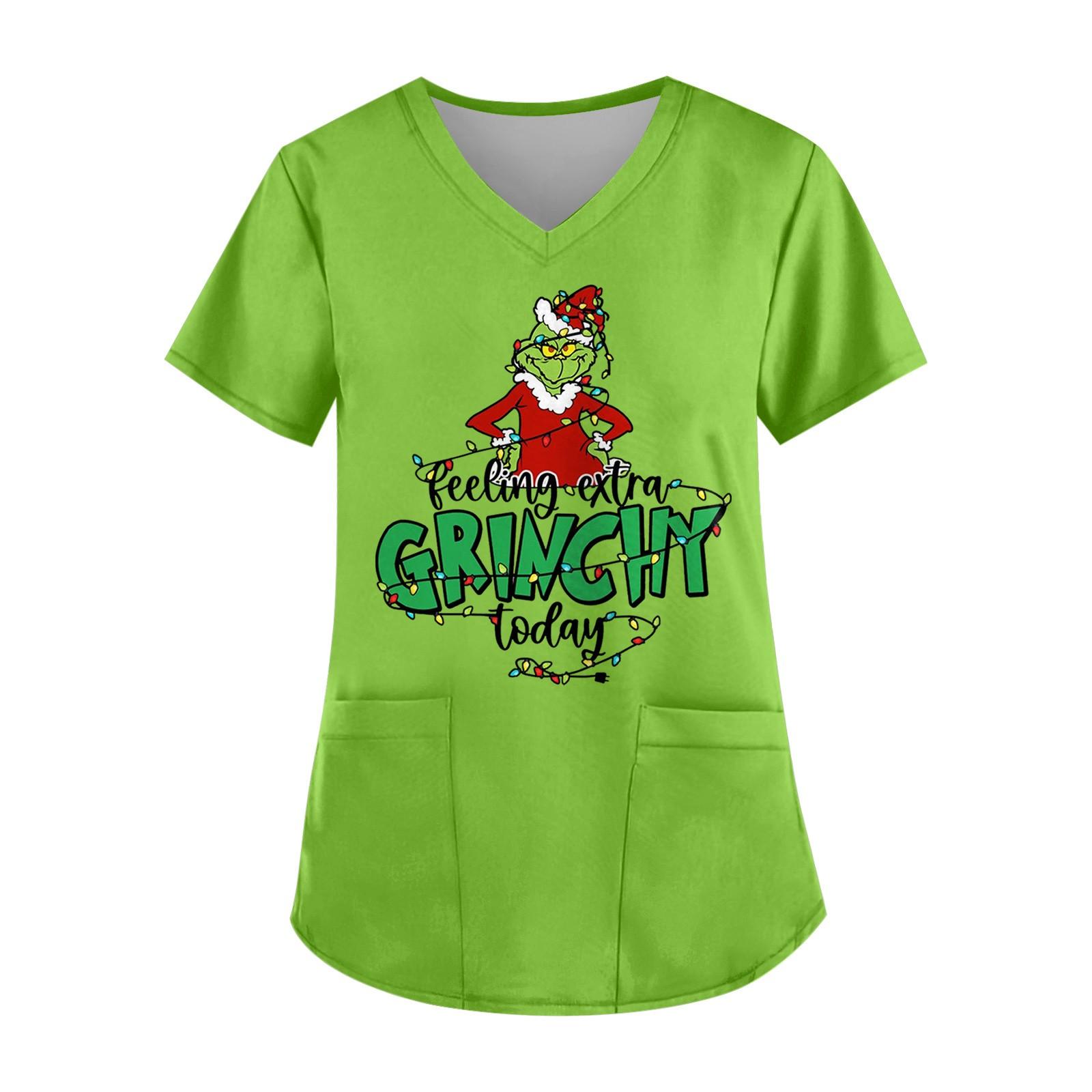 

Плюс Размер Печатный Рабочий Униформа Топы Для Женщин Крест V-образный вырез Печати Короткий Рукав Забавные Футболки Рабочая Одежда Футболка С Карманами L зелёный