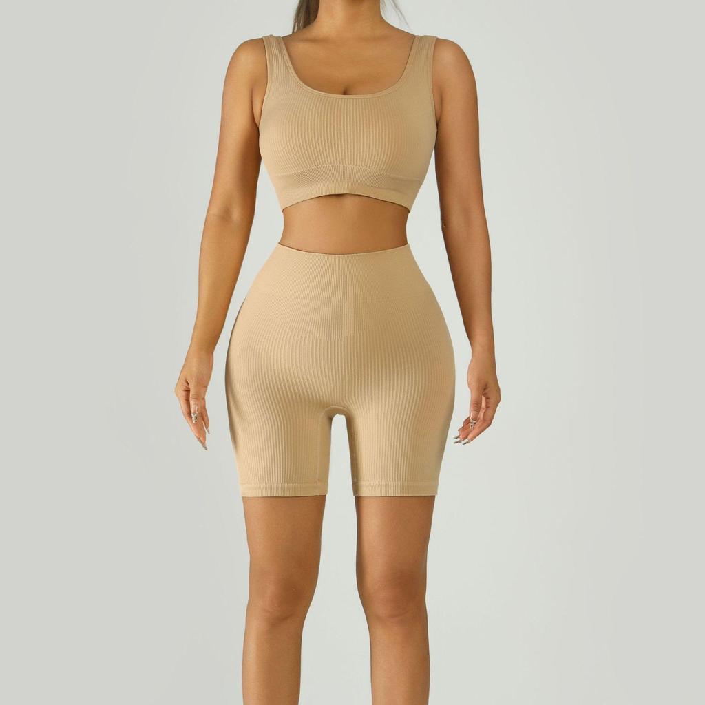 Ribbed Band Sports Bra & High-Waisted Peach Fitness Yoga Shorts Set
