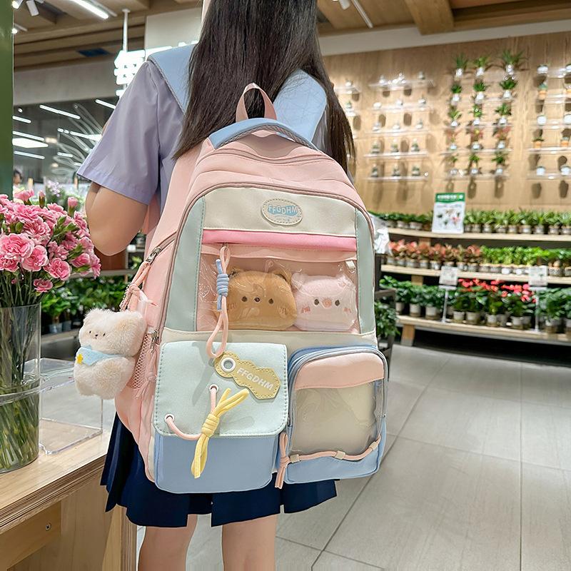 Schoolbag new high-value college style fresh and sweet backpack junior high school students contrasting color splicing bar pain bag backpack