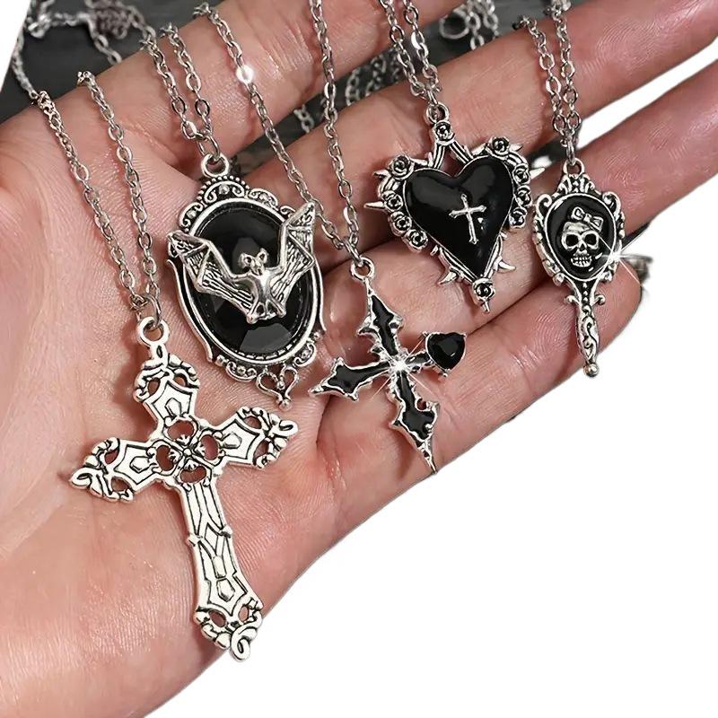 New 5Pcs Necklace Set For Women Halloween Jewelry Heart Bat Spider Cross Pendant Sweater Chain Trendy Daily Accessories Gift