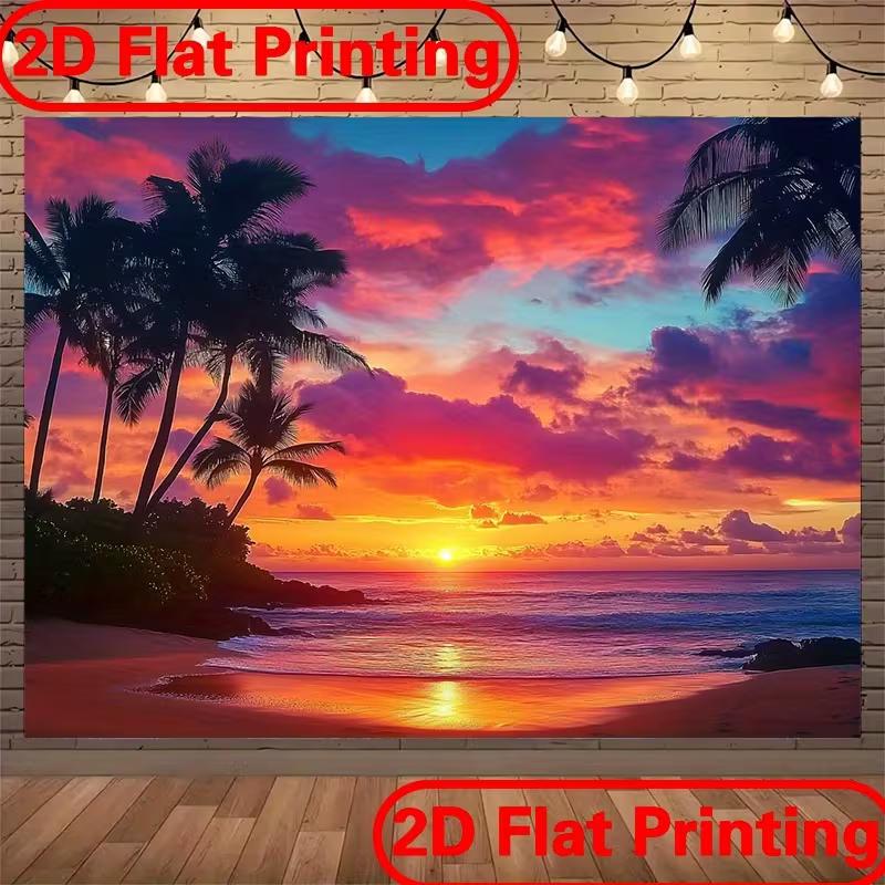2D Tropical Red Cloud Sunset Beach Backdrop with Ocean View