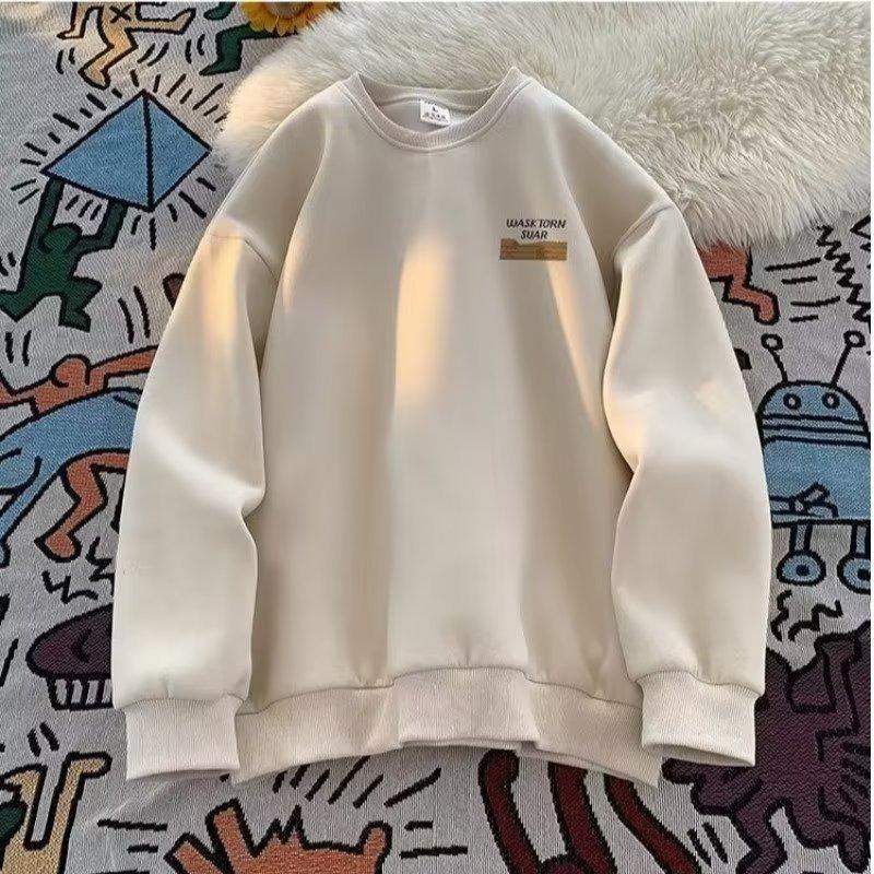 American Retro Fleece Lined Long Sleeve Letter Print Sweatshirt Unisex Autumn Winter Casual Fashion Versatile Men's Women's Top