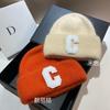 [Rabbit Fur] Extended Double-fold Edge Small Knitted Hat C Letter Wool Hat Winter Warm Cold Hat Women