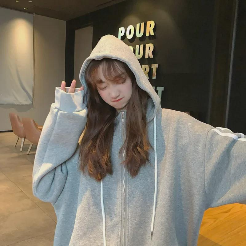 Official Women's Classic Oversized Hooded Zipper Sweater, 2020 Autumn/Winter Plus Velvet Jacket, Trendy Top