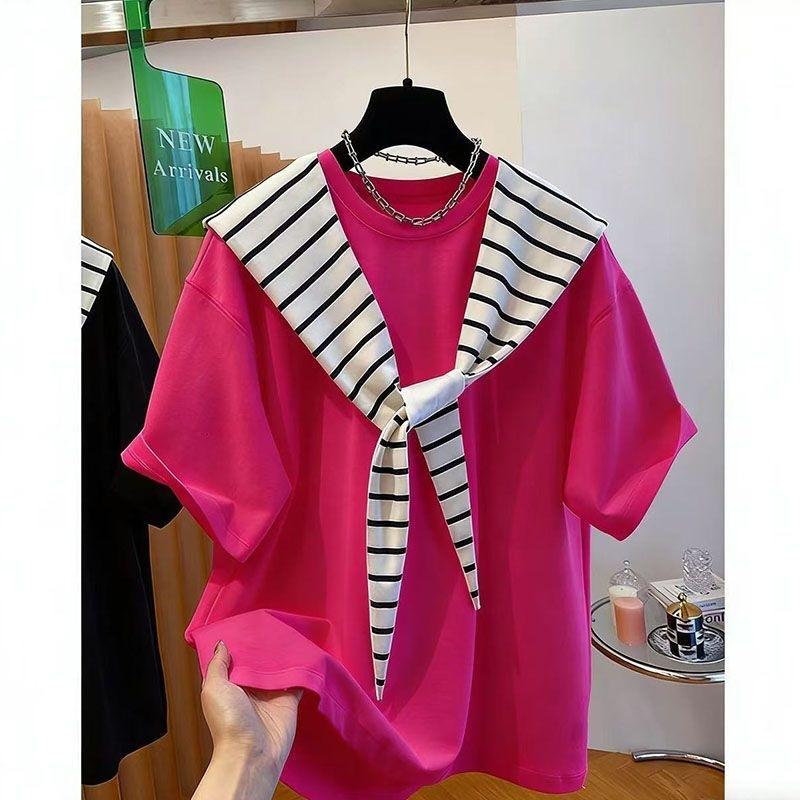 

Korean Plus-size Loose Striped Shawl Short-sleeved T-shirt Women s Summer New Fashion High-grade Casual Fake Two Tops 5XL