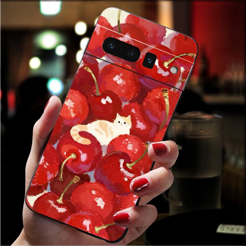 For Google Pixel 10 9 Pro XL Silicone Phone Soft Case For Google Pixel 9A 8A 7A 6A 5 Cover Shell Strawberry Fruit Cat