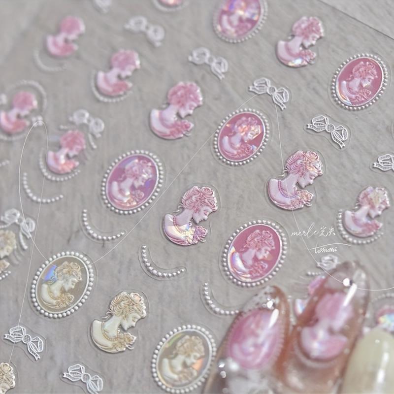 1pc Baroque Pearl Nail Sticker - Pink & Yellow Shell Iridescent Design with Vintage Lace Embossed Pattern for DIY Nails