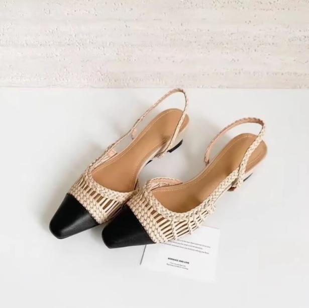 

Sheepskin version~ French retro style square head color matching hollow woven sandals women s summer new rear strap bag head shoes 40