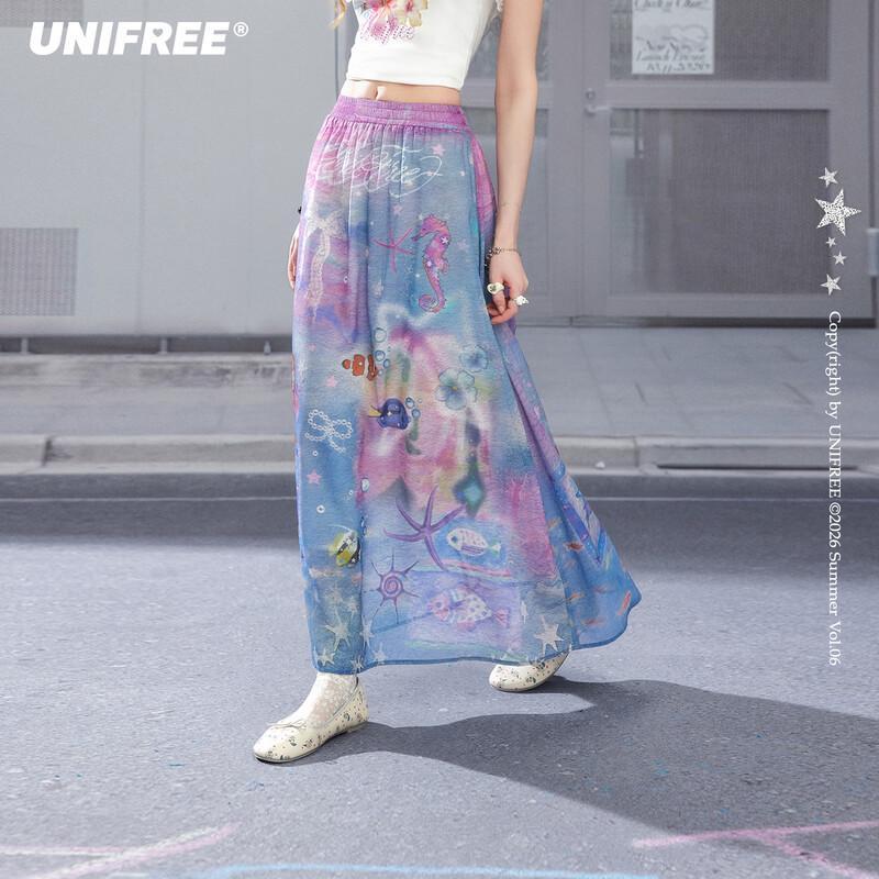 UNIFREE Romantic Mermaid Print Midi Skirt M