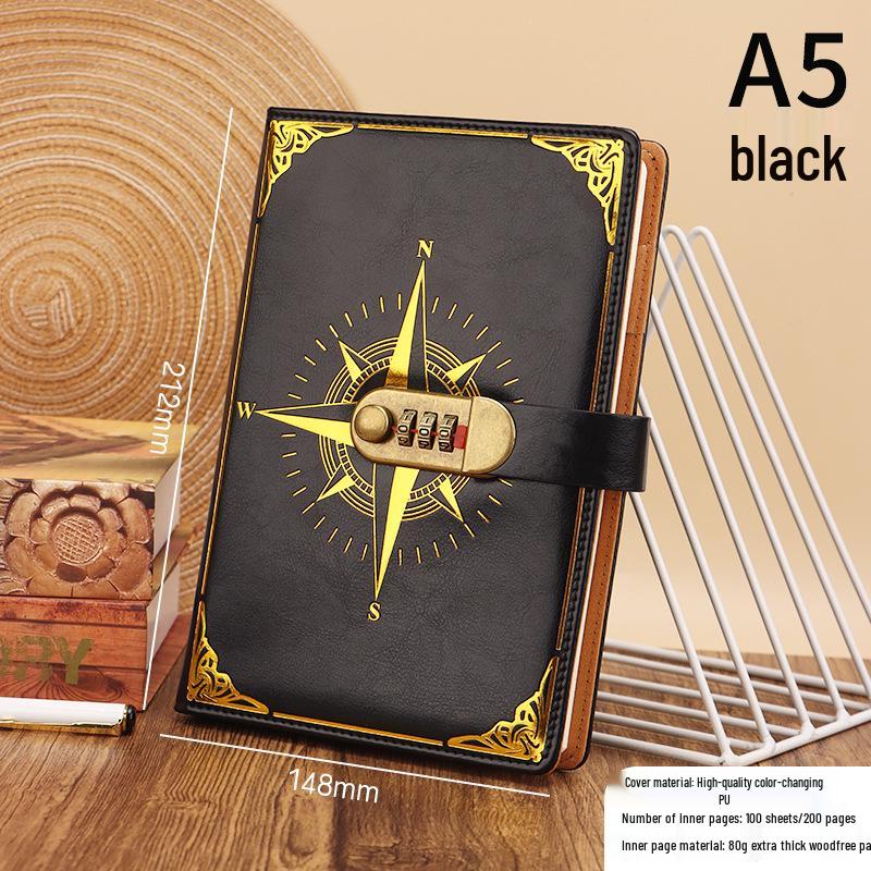 A5 Vintage Lockable Password Notebook - Thick Student Writing Diary