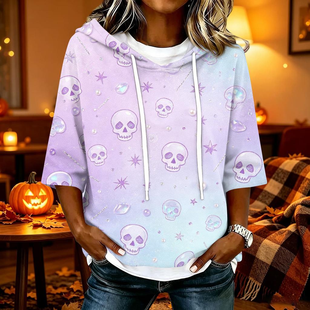 Women's Halloween Printed Hoodie Loose Fit Three-Quarter Sleeve Casual Top