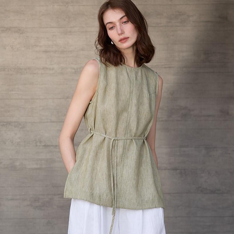 Johnature Round-neck Women Vest Camisole Summer Tie-loose Sleeveless Top Simple Sleeveless Tops