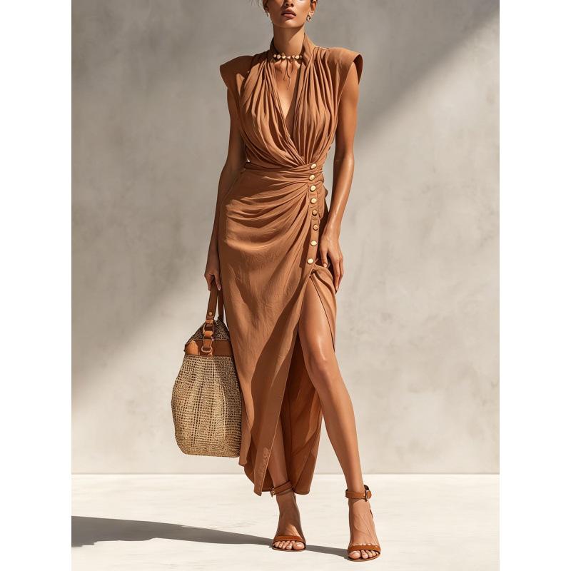 AA Europe and America 2026 Summer New V-neck Sleeveless Long Dress Irregular High Split Temperament Dress