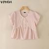 VONDA Summer Women Short Sleeve Bow Knot Lace Hem Casual Cute Tops Cropped Blouse