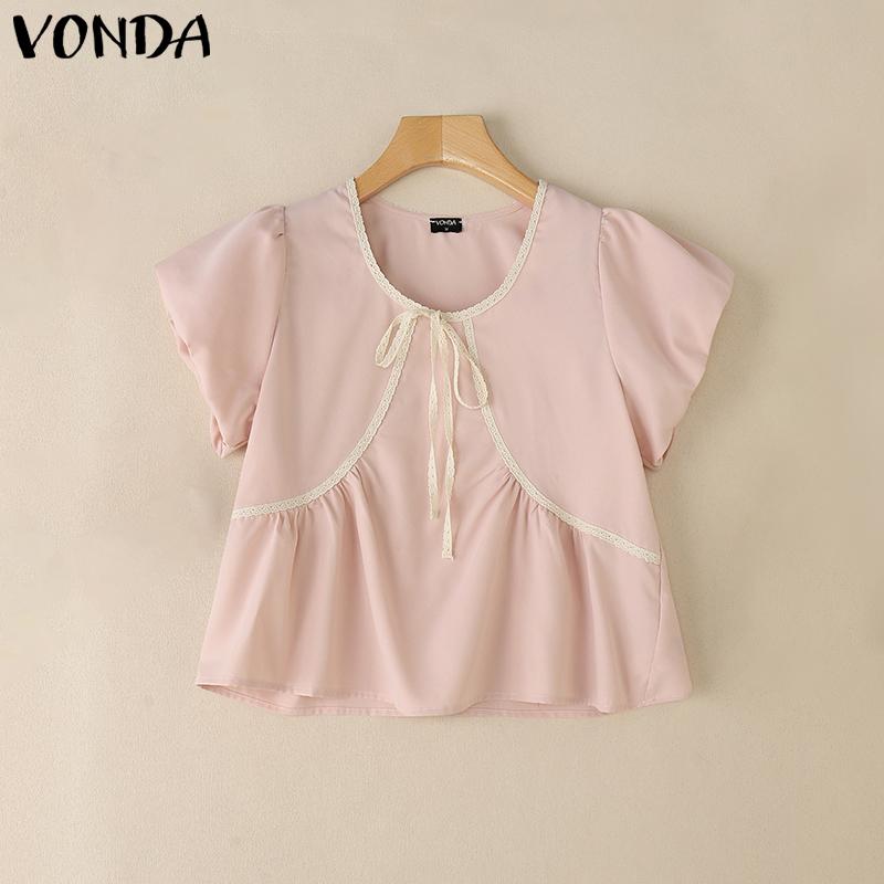 VONDA Summer Women Short Sleeve Bow Knot Lace Hem Casual Cute Tops Cropped Blouse