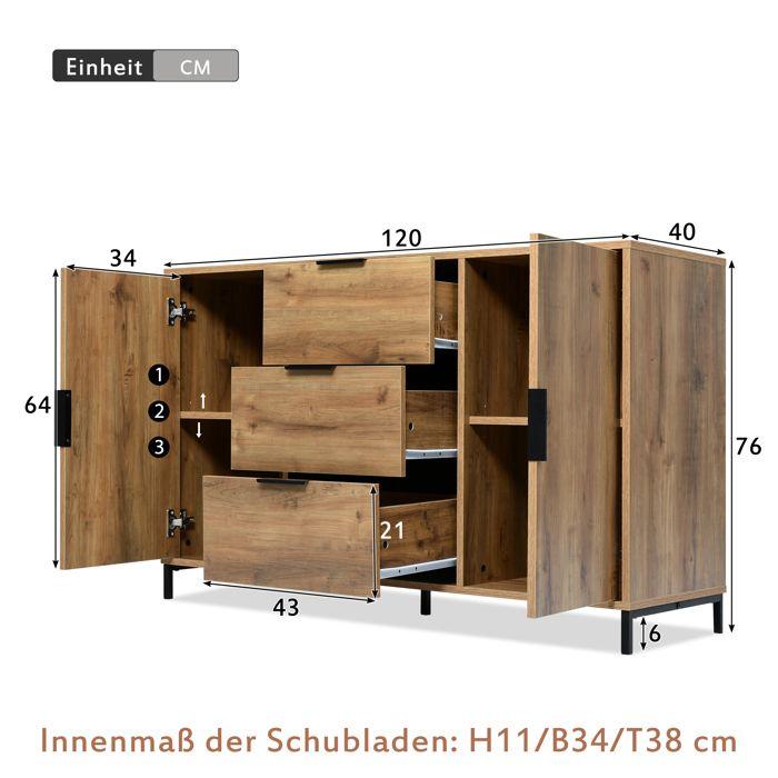 Commode, avec 2 portes + 3 tiroirs + étagères réglables, pour chambre, adapté à la chambre, salle à manger et salon, chêne