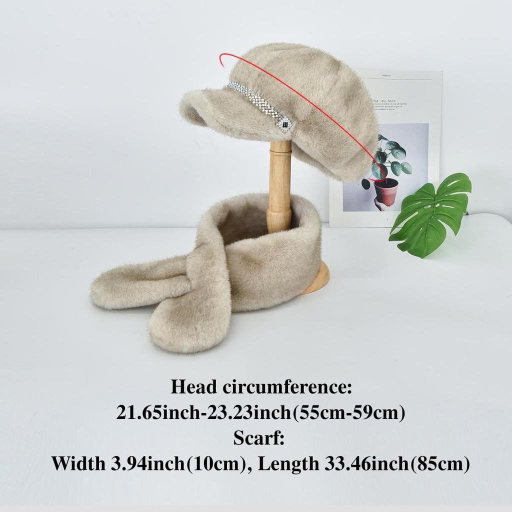 Luxury Faux Mink Fur Beret with Visor for Women, Winter Hat&Scarf Set,Outdoor Peaked Beret with Rhinestone Embellishment