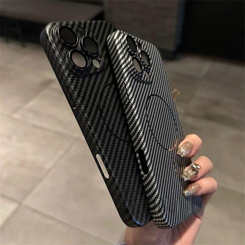 Ultra Thin Carbon Fiber Texture Armor Magnetic For Magsafe Case For iPhone 16 15 14 Plus 13 12 Pro Max Slim kevlar Hard PC Cover
