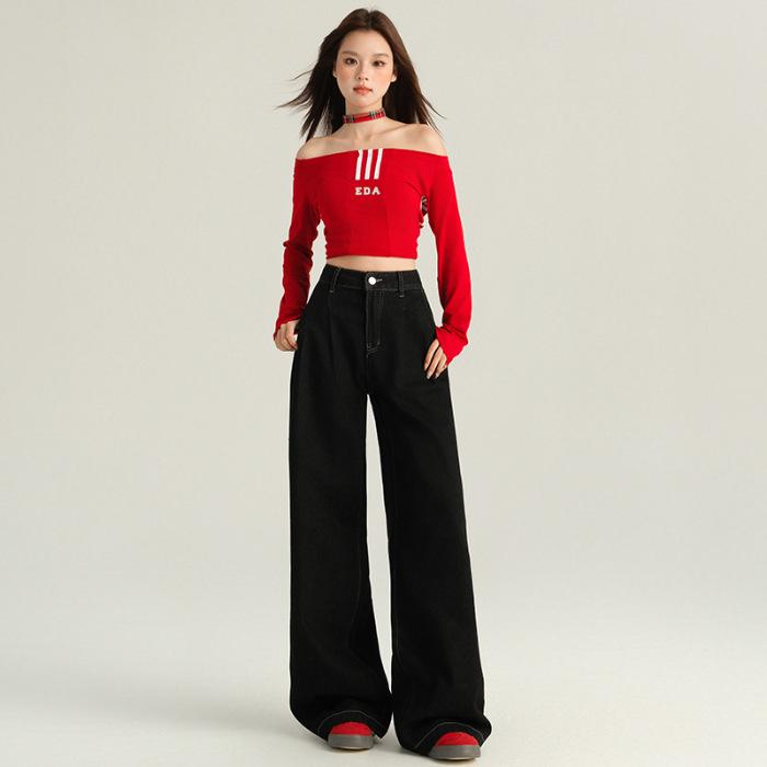 

Women s Black Wide-Leg High-Waisted Jeans, 2025 Autumn Retro Style M