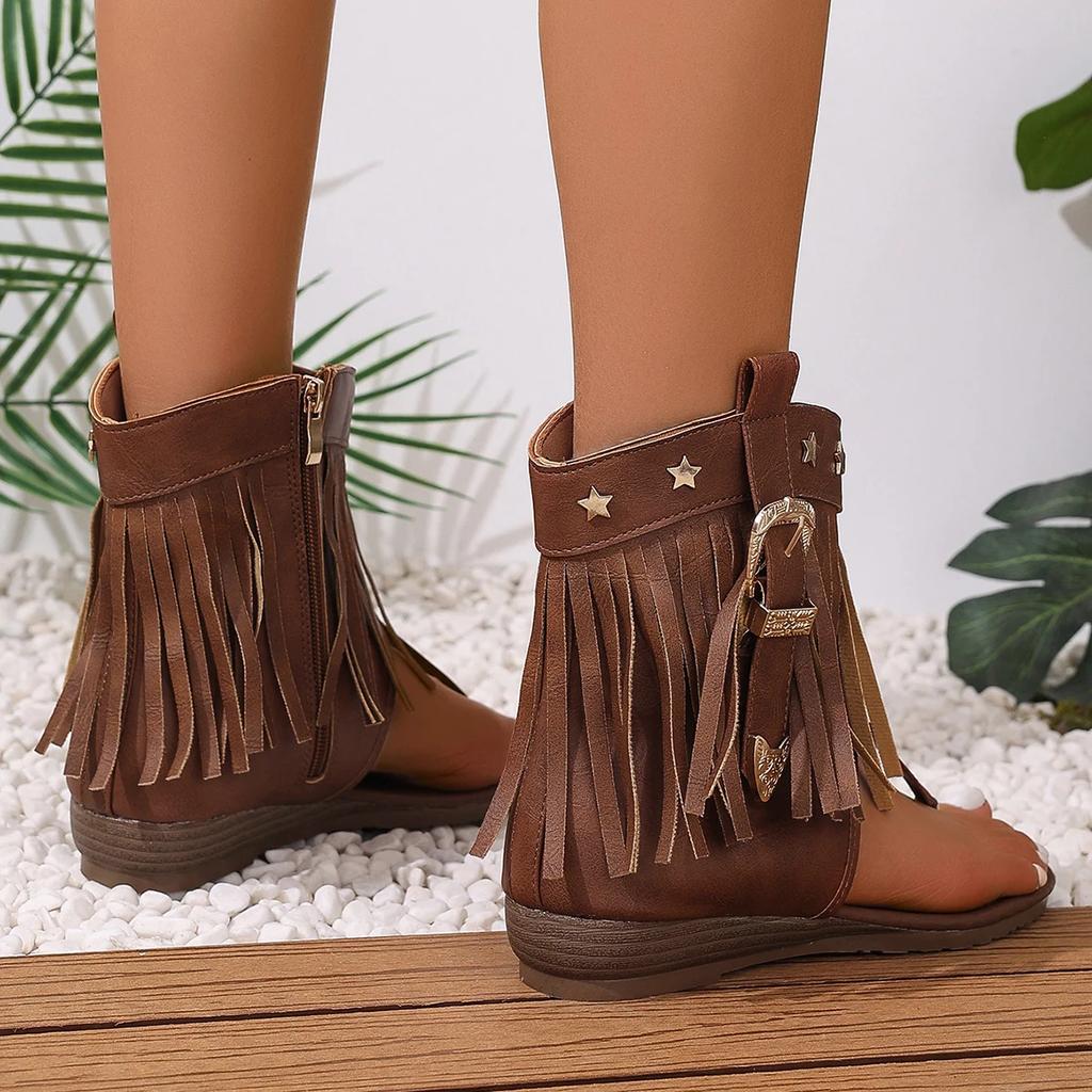 2025 New Women's Retro Sandals Gladiator Ladies Clip Toe Vintage Boots Casual Tassel Rome Summer Woman Shoes Female