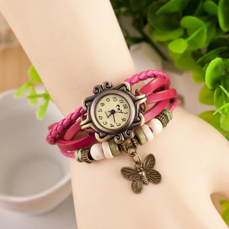 

Faux Butterfly Bracelet Leather Quartz Wrist Watch Women Vintage Fashion Gift Magenta
