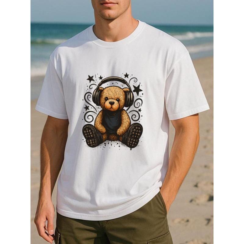 European sizes Teddy Bear Men'S Print Short-Sleeved Shirt with Headphones | Loose Round-Neck, Comfortable and Unique