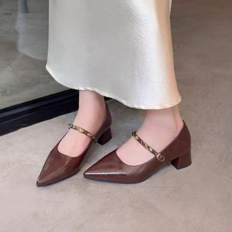 Fashion 2025 New Metal Buckle One-band Block Heel Single Shoes Autumn New Pointed Toe Shallow Mouth Non-slip Kitten Heel Shoes