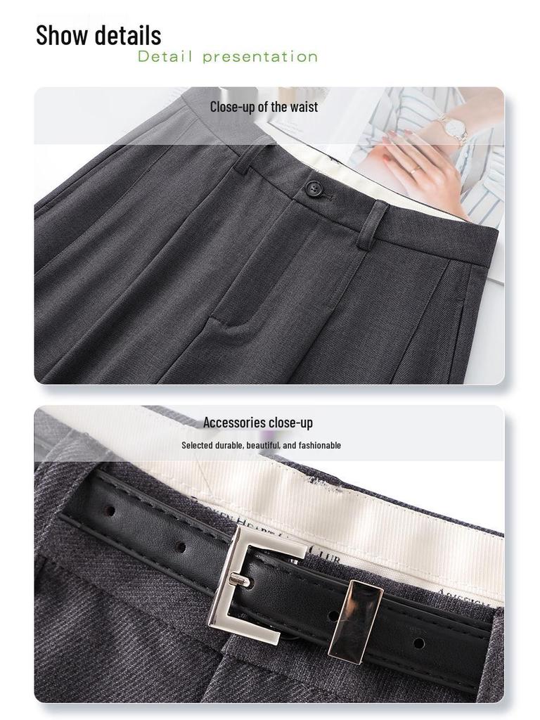 Women's Grey Wide-Leg Suit Pants for Spring 2025 - Casual, Draped, Loose-Fit, Slimming, Straight-Leg Style for Spring and Autumn.