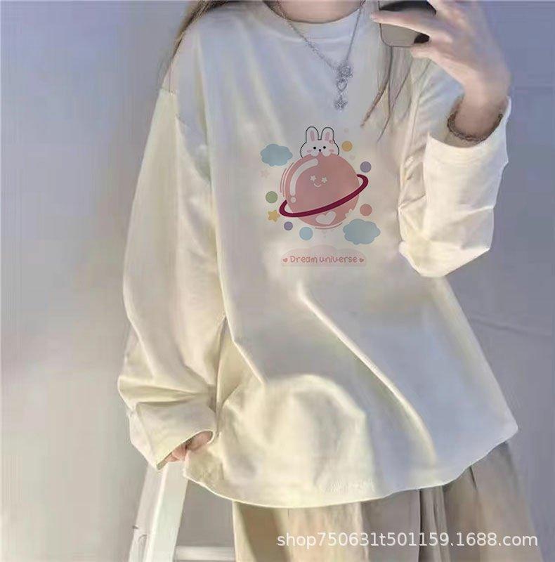 Women's Crew Neck Long Sleeve T-Shirt Loose Milk Silk Printed Top Casual Street Style Autumn Winter Basic Layering Tee