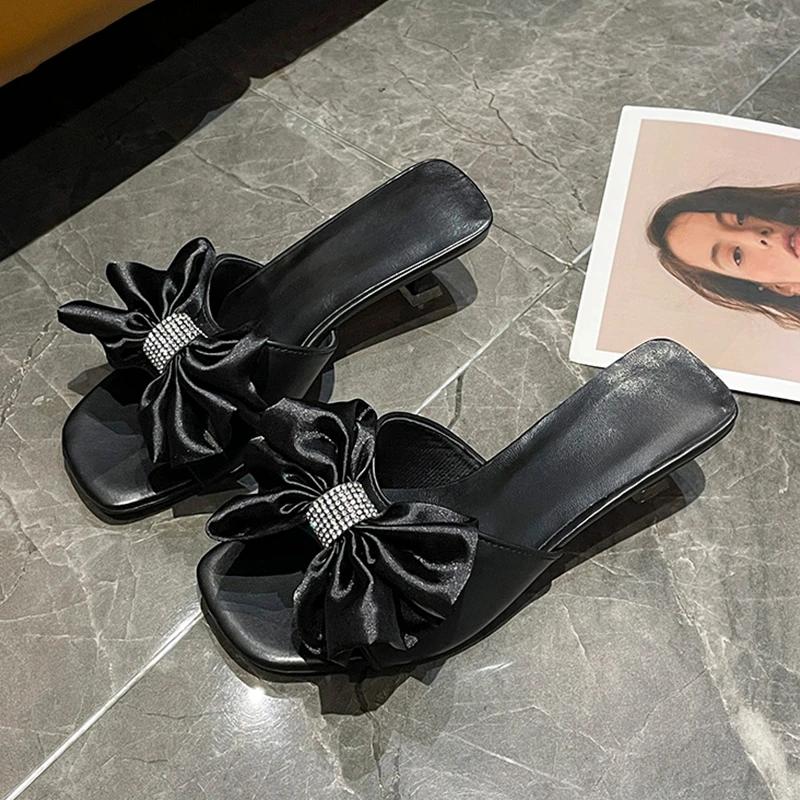 Fashion Ladies Shoes 2025 Open Toe Women's Slippers Fashion Dress Slippers Women Square Toe Crystal Bow Tie Thin Heels Women's Sandals