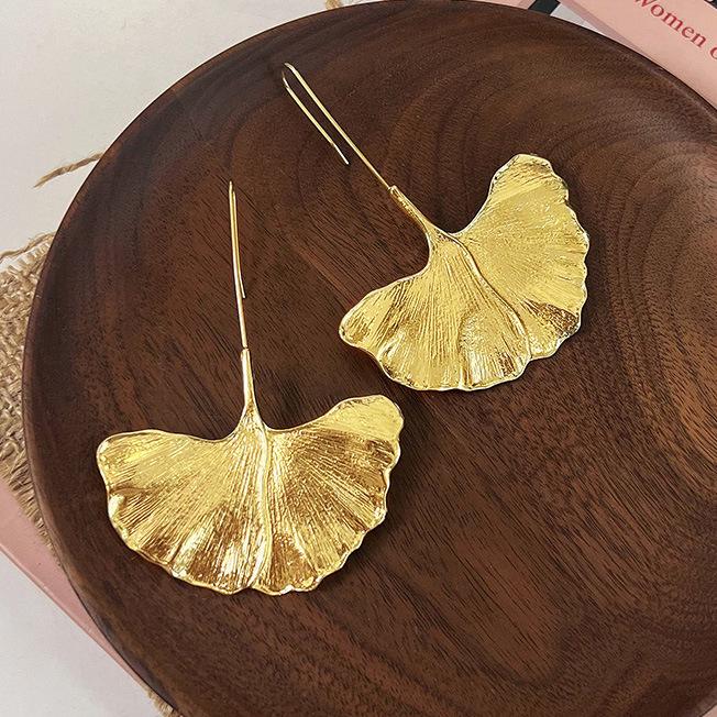 Ginkgo Leaf Texture Pendant Earrings: Bold European & American Fashion Statement for Women